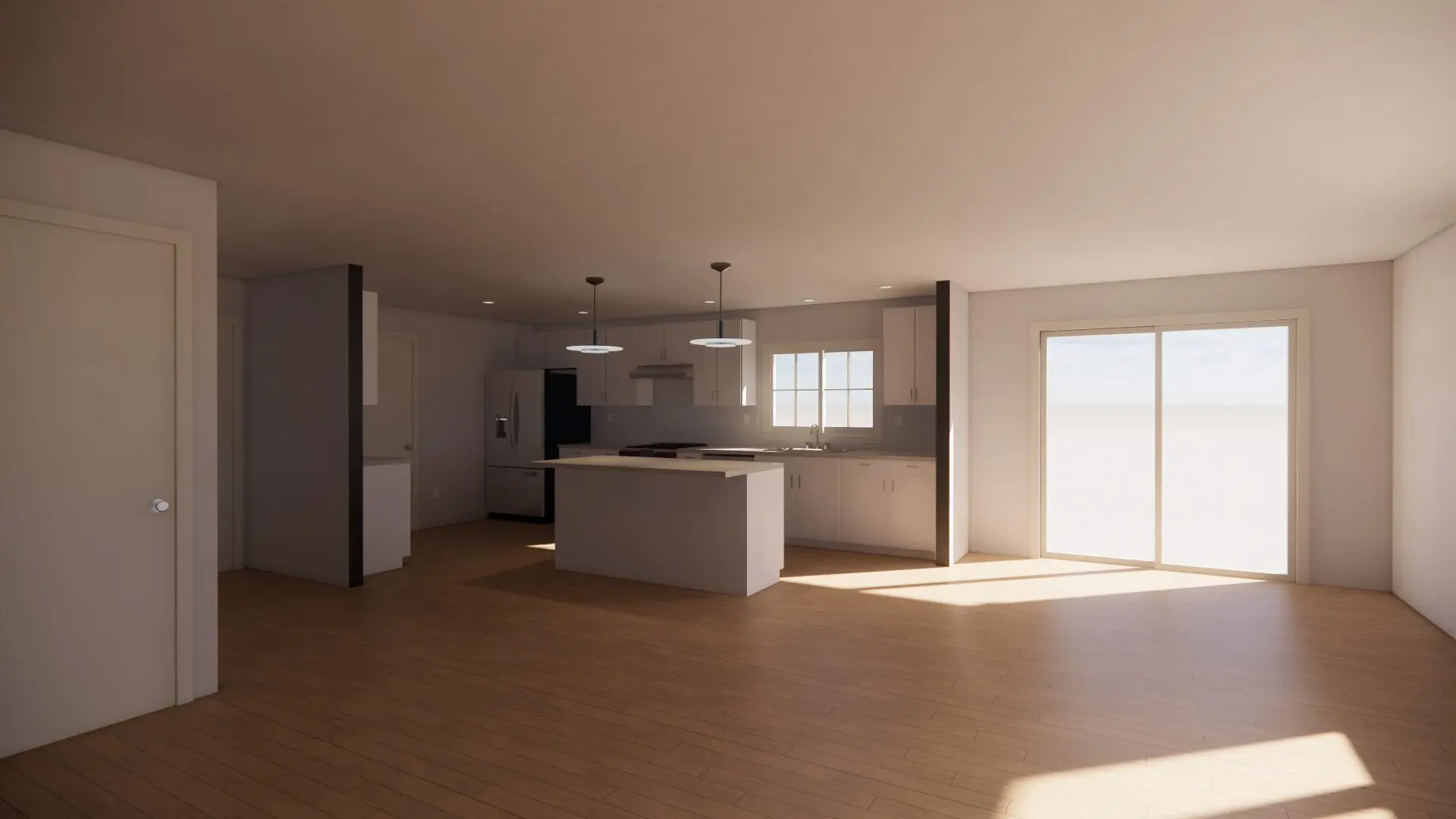 Empty House with Open Kitchen, Lights, and Sunlight